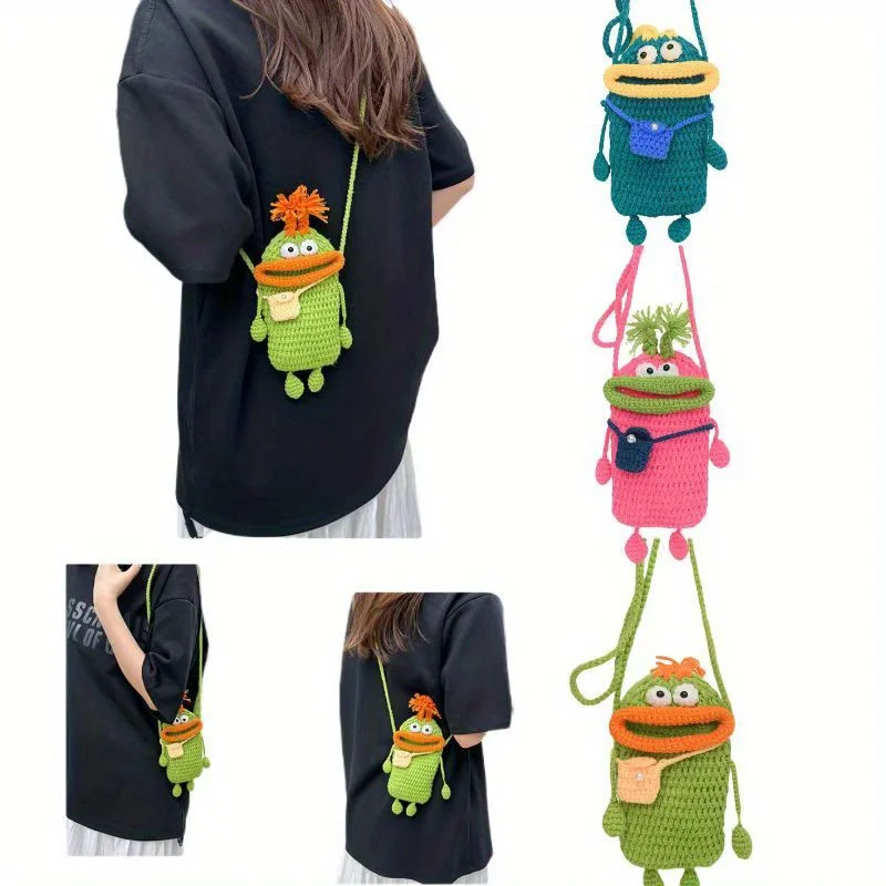 Handmade Crochet Phone Bag Knitted Sausage Mouth Funny Bag Ugly Cute Small Bag Cross Body Cell Phone Bag Purse for Women Girls