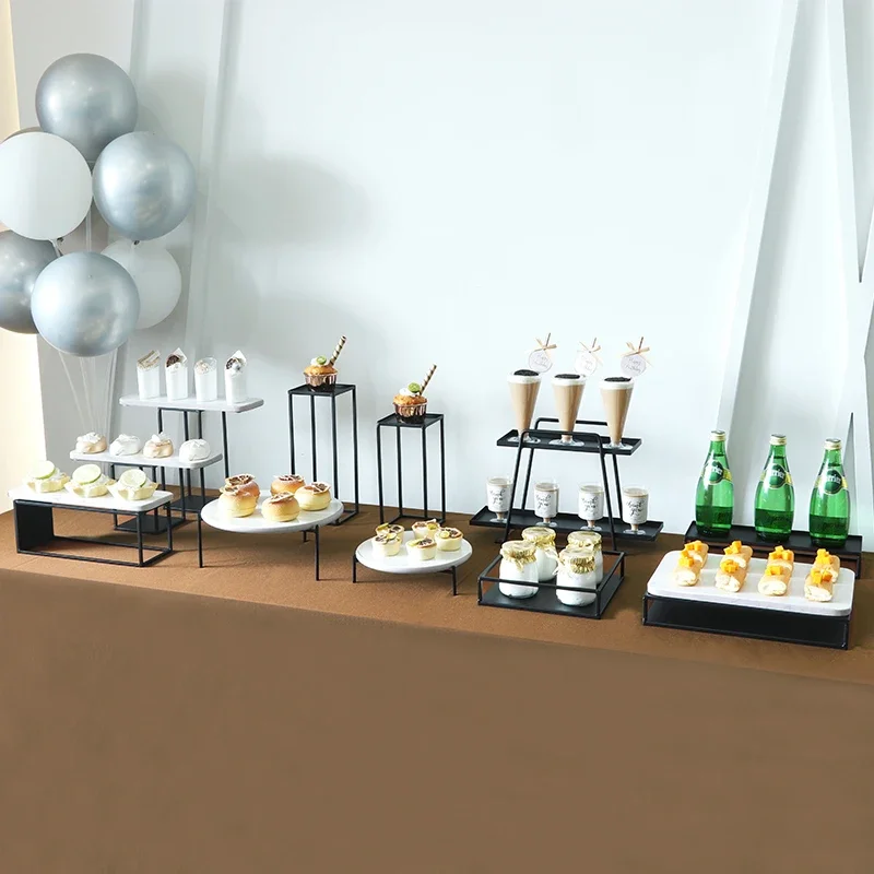 

Tray Decoration Black and White Marble Color Matching Simple Modern Set Table Iron Display Shelf Home Outdoor Garden Desktop 1Pc