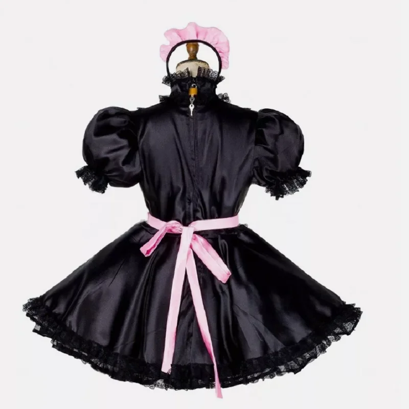 Maid Girl Sissy Abschließbares schwarzes Satinkleid Cosplay-Kostüme Maßgeschneidert