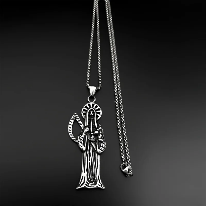 Edelstahl Heiliger Heiliger Tod Santa Muerte Sensenmann Anhänger Halskette Frauen Männer Silber Farbe Vintage Sichel Schädel Schmuck – Detail 6