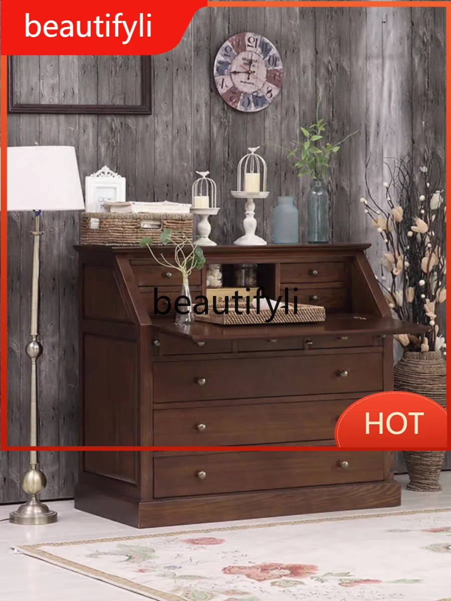 

American country solid wood desk folding chest retro multi-functional flip dresser integrated desk D80