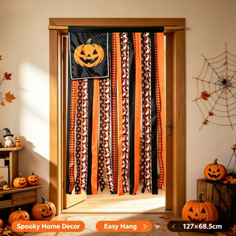 Halloween Pumpkin Led Light Door Hanging Banner Black Orange Plaid Ghost Print Ribbon Streamer Wall Decor Spooky Home Decoration