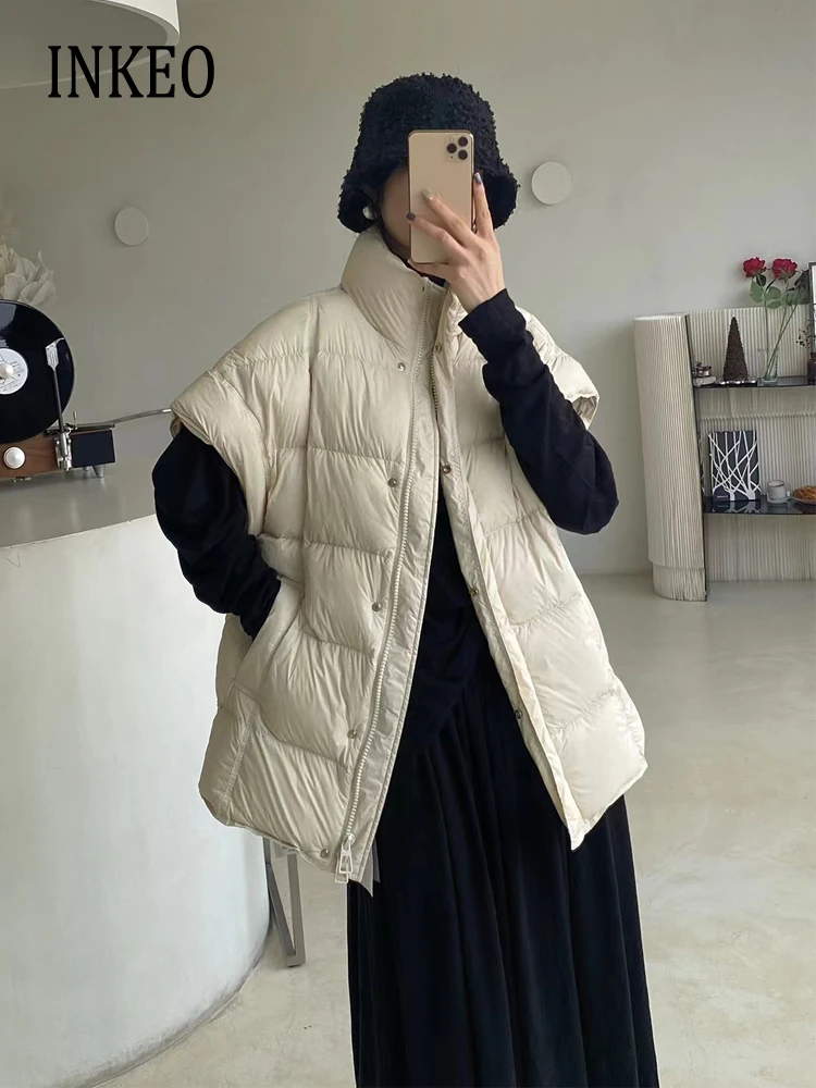 Basic Women Gray 90% white duck down jacket Turtleneck Sleeveless vest Fall winter Oversize waistcoat Warm 2024 INEKO 3O310