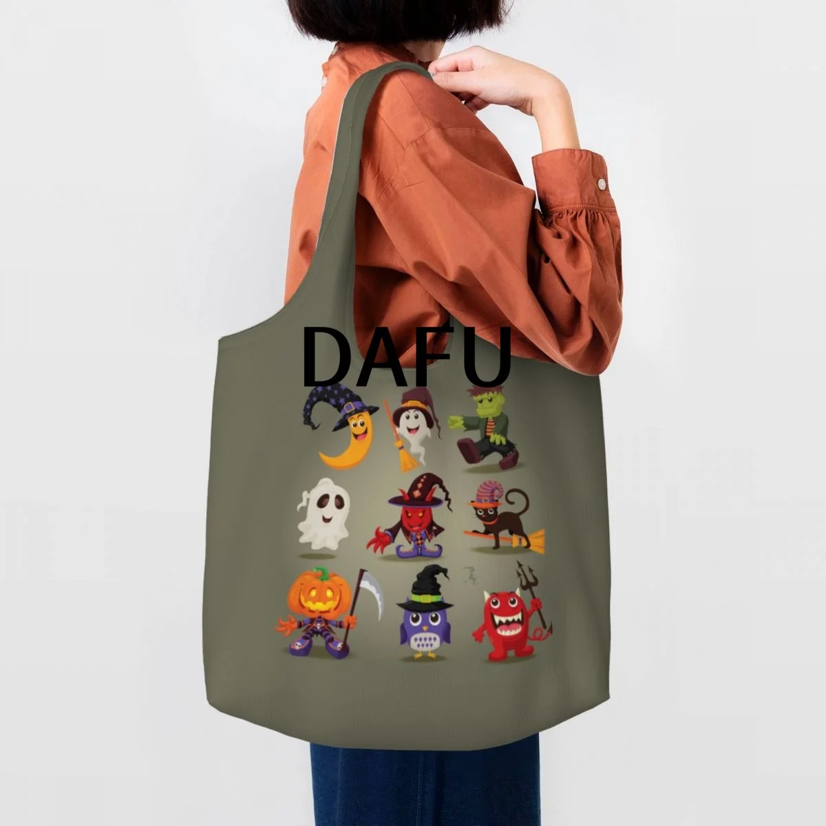 Funny Halloween Print Cotton Tote Bag - Casual Commuter Shoulder Bag for Work Grocery Shopping Trick or Treat