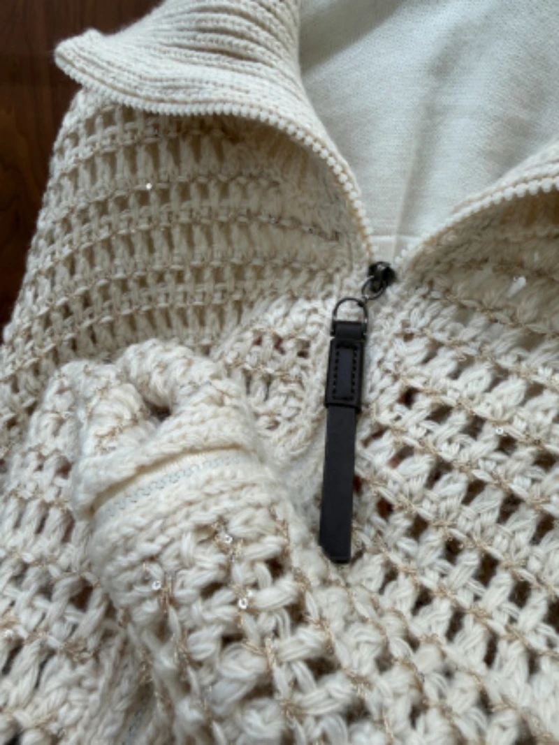Women'S 2026 Autumn/Winter High-Quality Sequined Hollow-Out Zipper Knit Cardigan