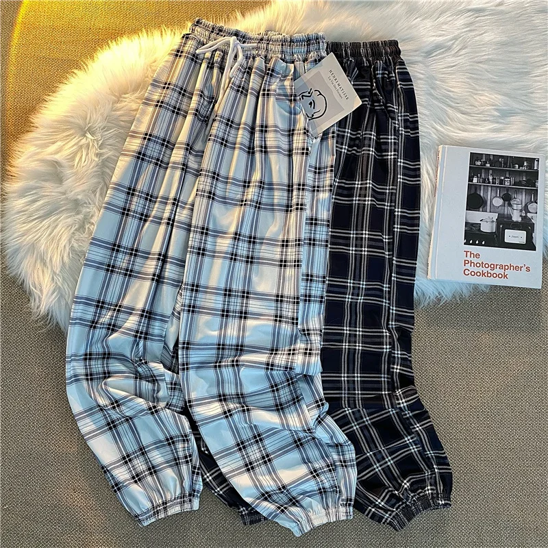 Pantaloni Donna Nuovo Mazzo di piedi Moda Sciolto Plaid nero Estate Harajuku Studenti Streetwear Harem Pantaloni lunghi Donna Chic