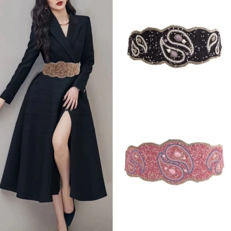 

Ladies' Ethnic Vintage Waist Seal Elaborately Beaded Elastic Decorative Belt for Dresses And Coats Wide Fashion Accessory