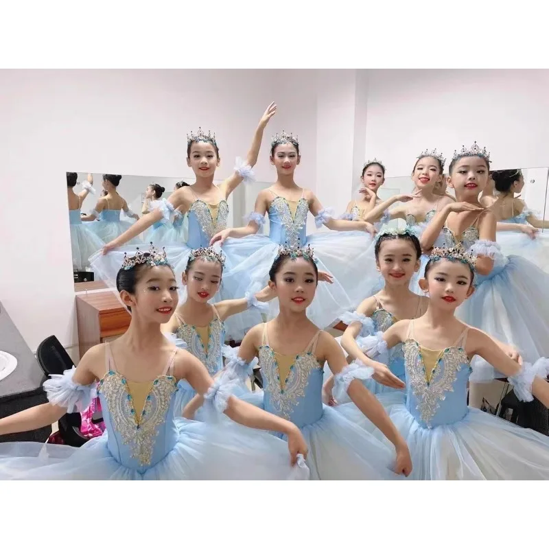 ชุดบัลเล่ต์เด็ก ชุดแสดง กระโปรงยาวพลิ้ว ชุดเต้นรำเด็ก เสื้อทรงเจ้าหญิง สายคล้องคอ สีฟ้าอ่อน กระโปรงพอง