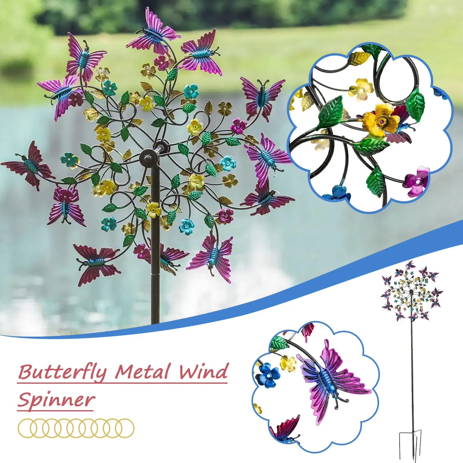 Colorful And Purple Butterfly Metal Wind-Spinner Garden Decoration