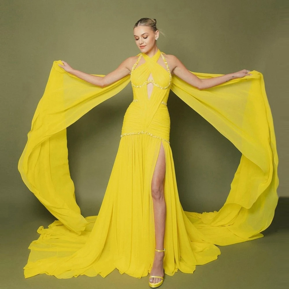 Dreamlike Yellow Chiffon Celebrity Dress Pretty Cape Sleeves Beaded Mermaid Evening Gowns With Train Side Slit Pageant Prom Gown