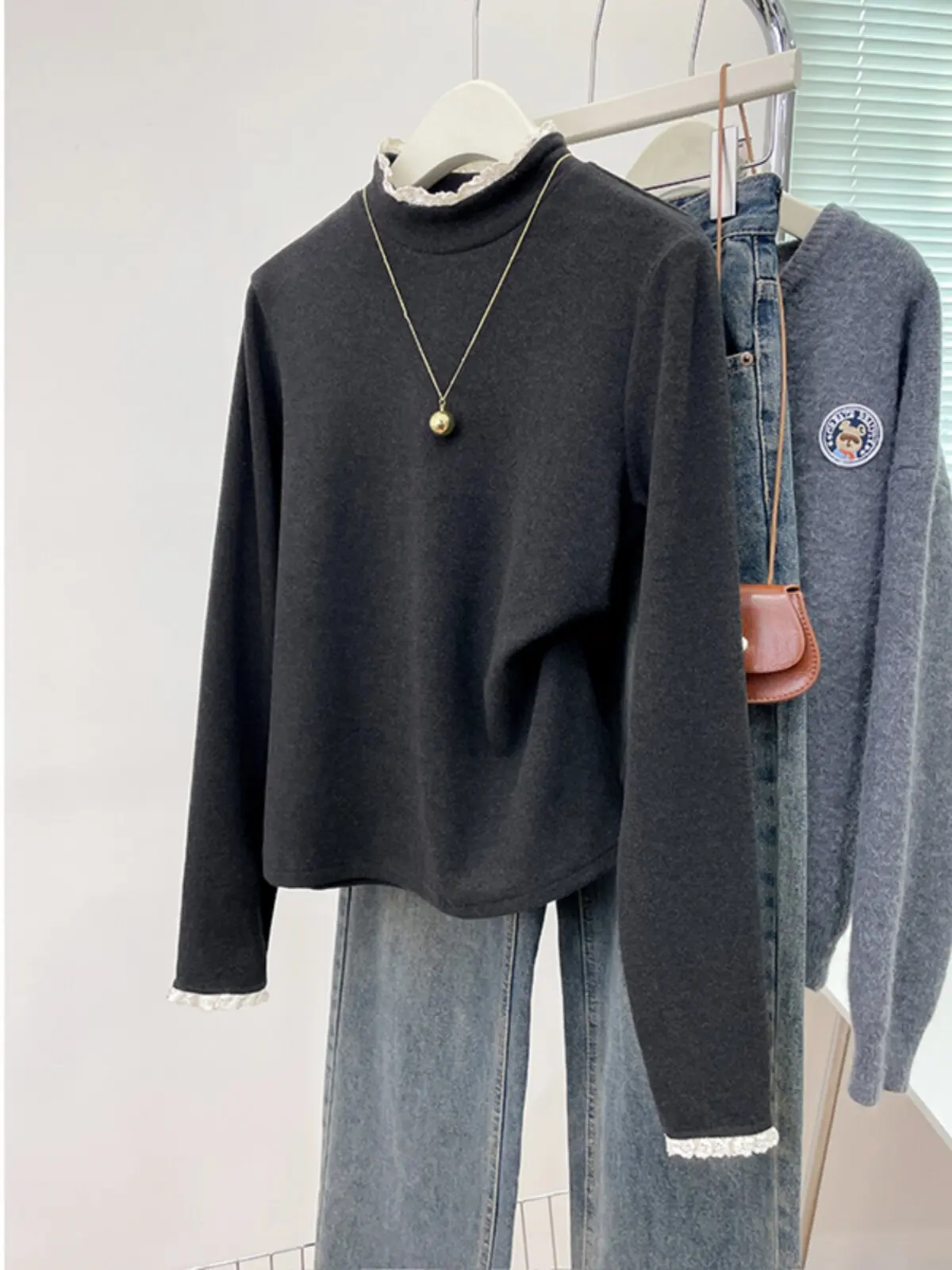 Autumn Winter Fleece Lined Fashionable Ruffle Splice Half High Collar Long Sleeve Base Shirt Women Elegant Versatile Mousse V...