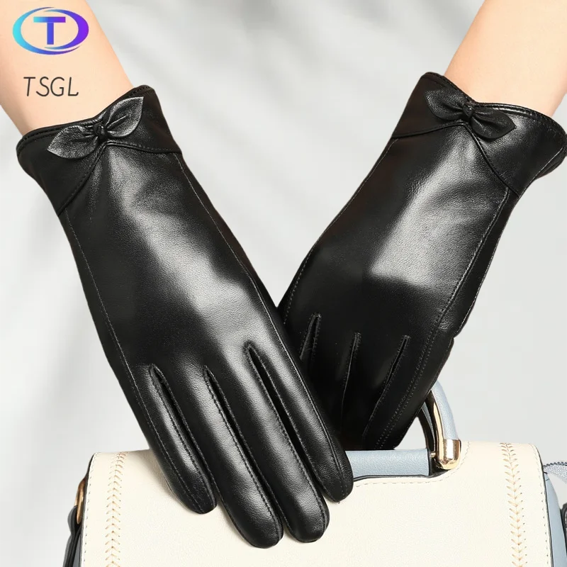 

2025 Cycling Women's Genuine Leather Gloves Black Sheepskin Gloves 가죽장갑 겨울장갑 Autumn and Winter Fashion Female Windproof Gloves