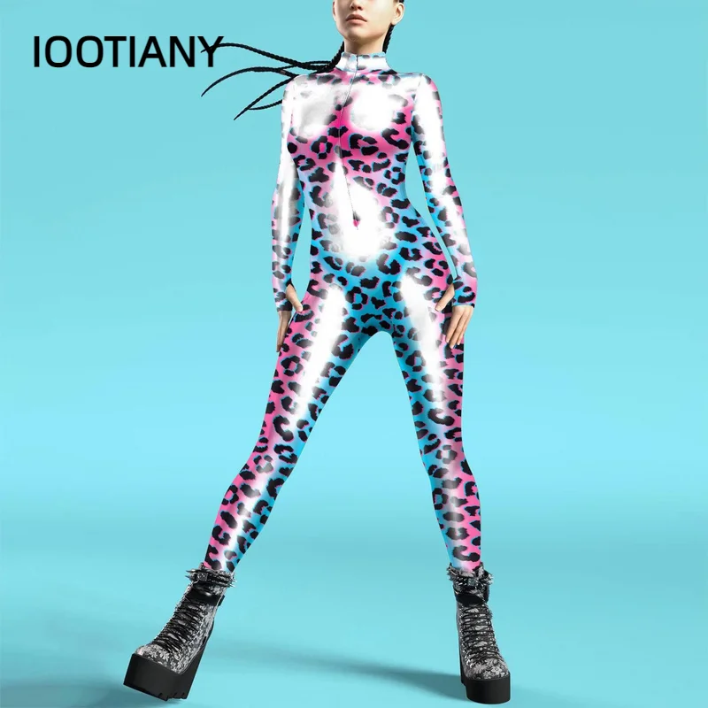 Iootiany bunte Zentai Bodysuit Daumen Ärmel Cosplay Kostüm Front Reiß verschluss Overall brennenden Mann Festival Outfit für Frau