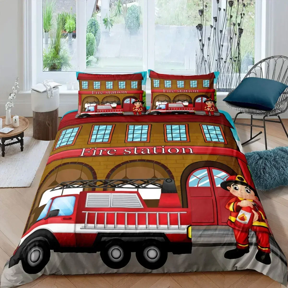 

Firefighter Truck Red Firemen Car Comfortable Duvet Quilt Cover Pillowcase Bedding Set Children Bedroom Decoration Home Textile