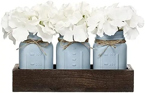 

Mkono Wood Tray with 3 Jars & Flowers – Rustic Farmhouse Decor for Thanksgiving, Living Room, Kitchen