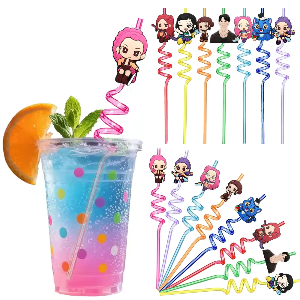 8 pailles réutilisables en plastique en spirale, thème Kpop, anime coréen, dessin animé, pour décoration de fête d'anniversaire, cadeau pour enfant, fournitures pour baby shower