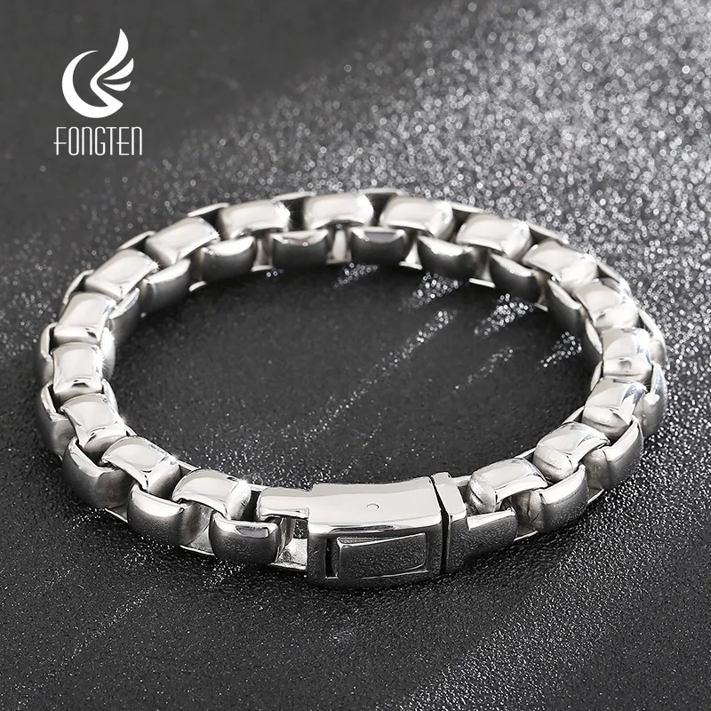 Fongten 22cm Stainless Steel Bracelet For Men Shiny Square Box Link Chain Men Bracelets Silver Color Bangle Jewelry Gifts