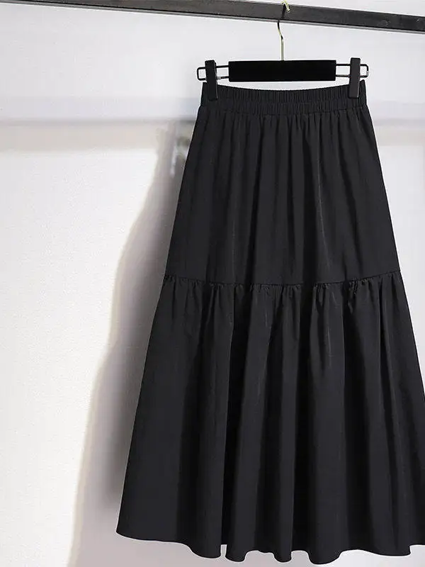 High Waist A-Line Midi Skirt Black Elegant Umbrella Skirt Women's Fashion Spring Summer Long Version Polyester Fiber
