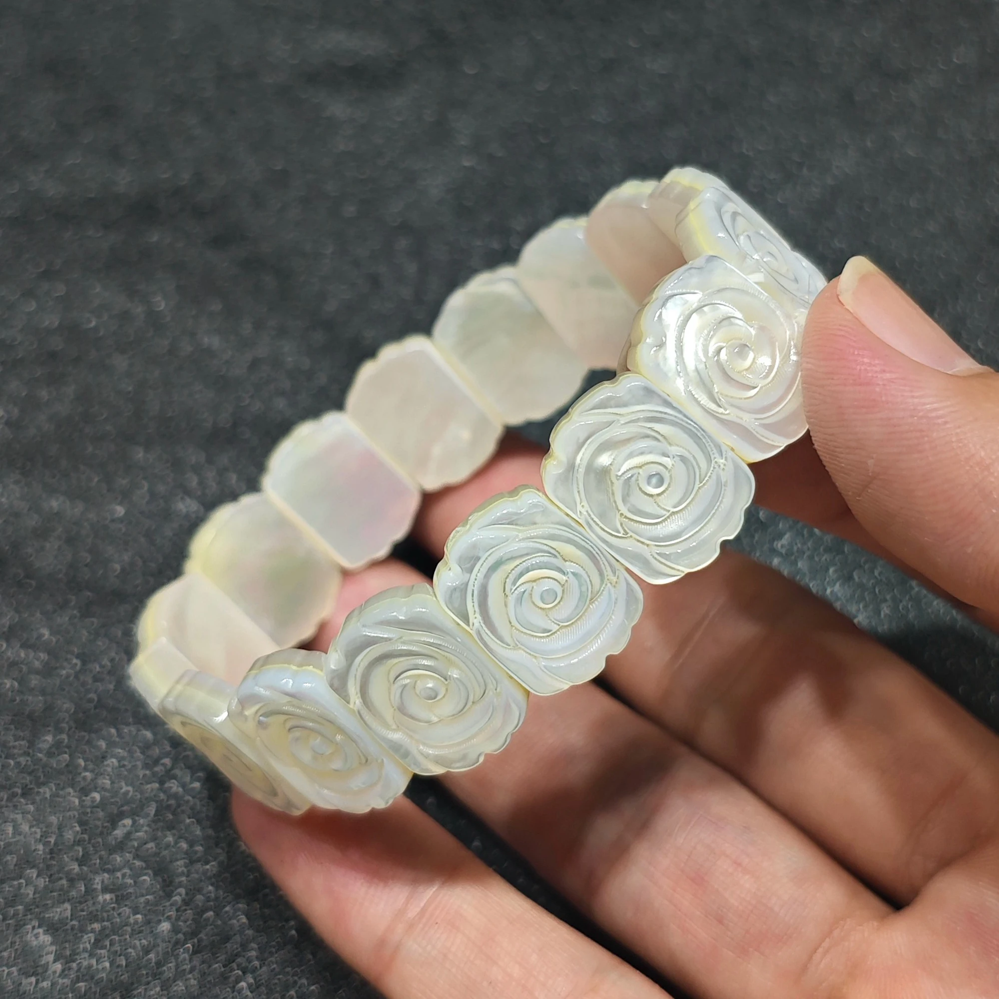 Natural White Mother of Pearl Bar Bracelet Rose Carved Slab Cuff Shell Iridescent Jewelry Present Supply 1 Piece