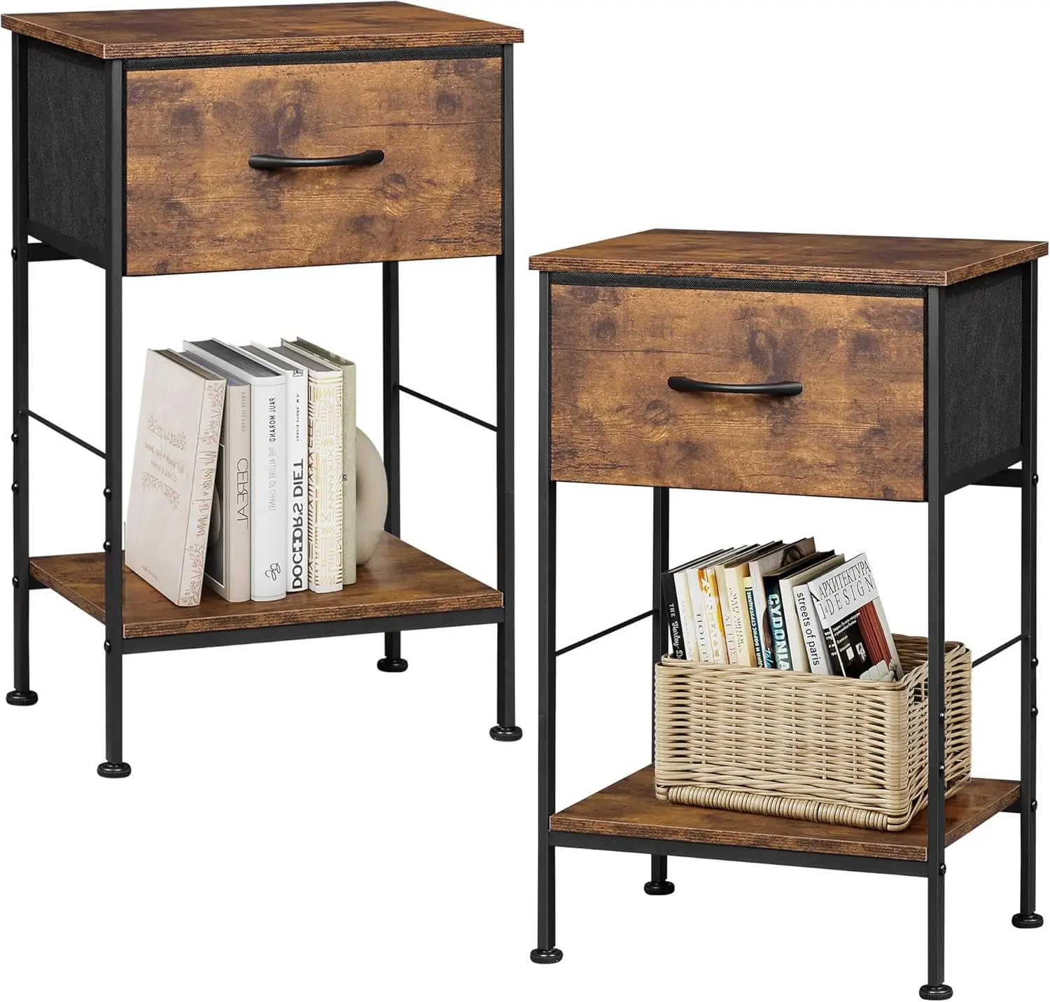 

Набор из 2 тумбочек с тканевым ящиком и открытой полкой, коричневое дерево рустикально, стальной каркас, приставные столики для спальни, высота 25,03 дюйма