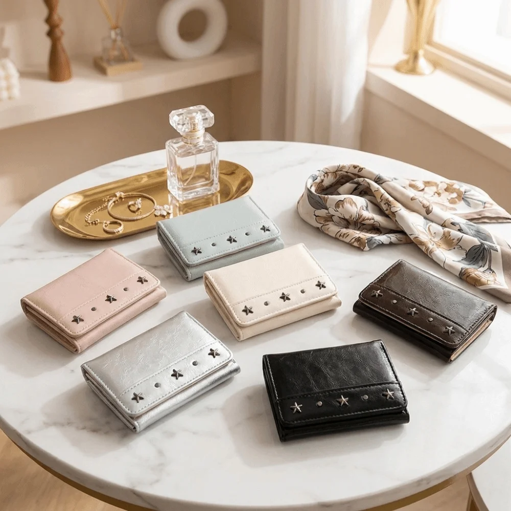 Vintage Style PU Star Rivet Trifold Wallet Compact Size Ultra Thin Card Holder Multiple Slots Large Capacity Cash Wallet Travel