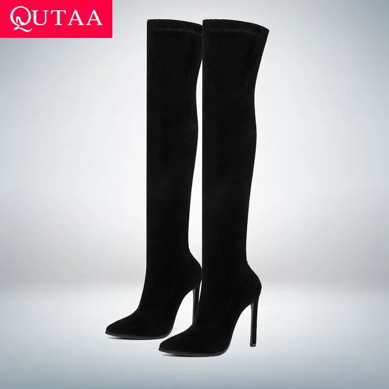 QUTAA 2020 Winter Over The Knee Women Boots Stretch Fabrics High Heel Slip on Shoes Pointed Toe Woman Long Boots Size 34-43