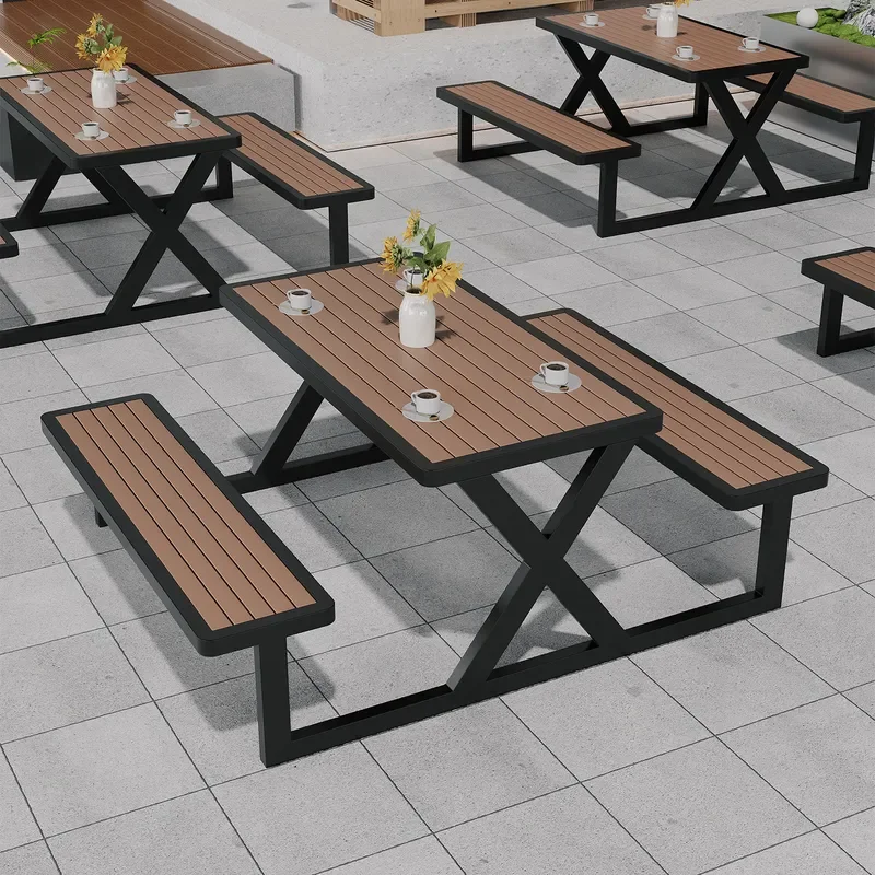 Outdoor Plastic Wood Integrated Table and Chair Set for Courtyard Garden Sunscreen Park Commercial Use One Piece External