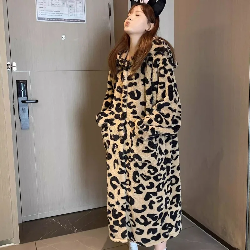 

Leopard Robe for Women Sleepwear Fleece One Piece Pajama Winter Nightdress Night Wears Warm Nightgown Hooded Sleeping Homewear