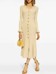 Woman clothingy2k fall and winter bright silk ribbed knit fishtail long dress V-neck flared sleeve Dresses2024 dresses for prom