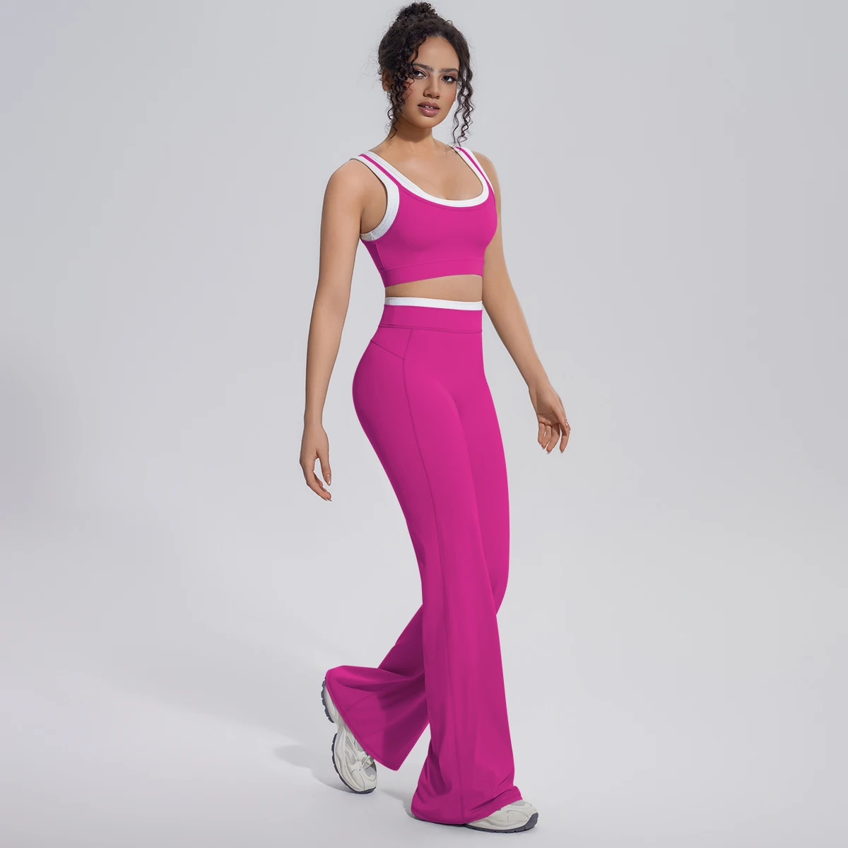 Neues Farbblock-Set mit Schönem Rücken-Yoga-BH und Weiten Hosen für Sommer, Fitness, Laufen und Workout, Hochelastisches, Lockeres Schlaghosen-Oberteil – Detail 18