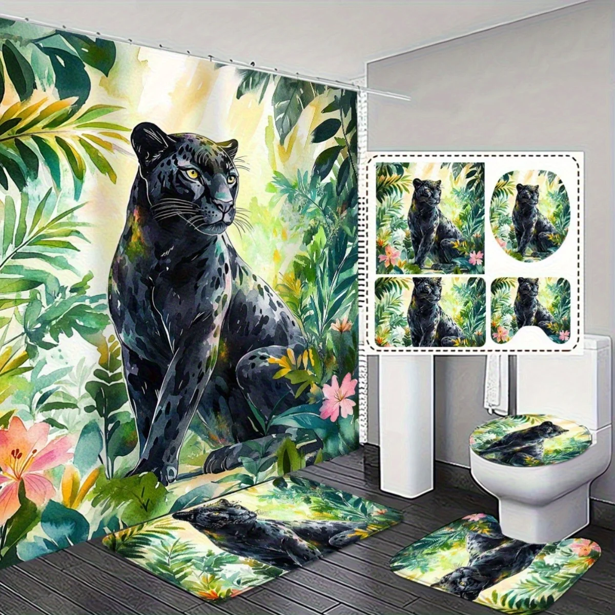 

4pcs Shower Curtain Set with Non-Slip Bath Mat - Tropical Jungle Black Panther Design, Polyester, Machine Washable, Include