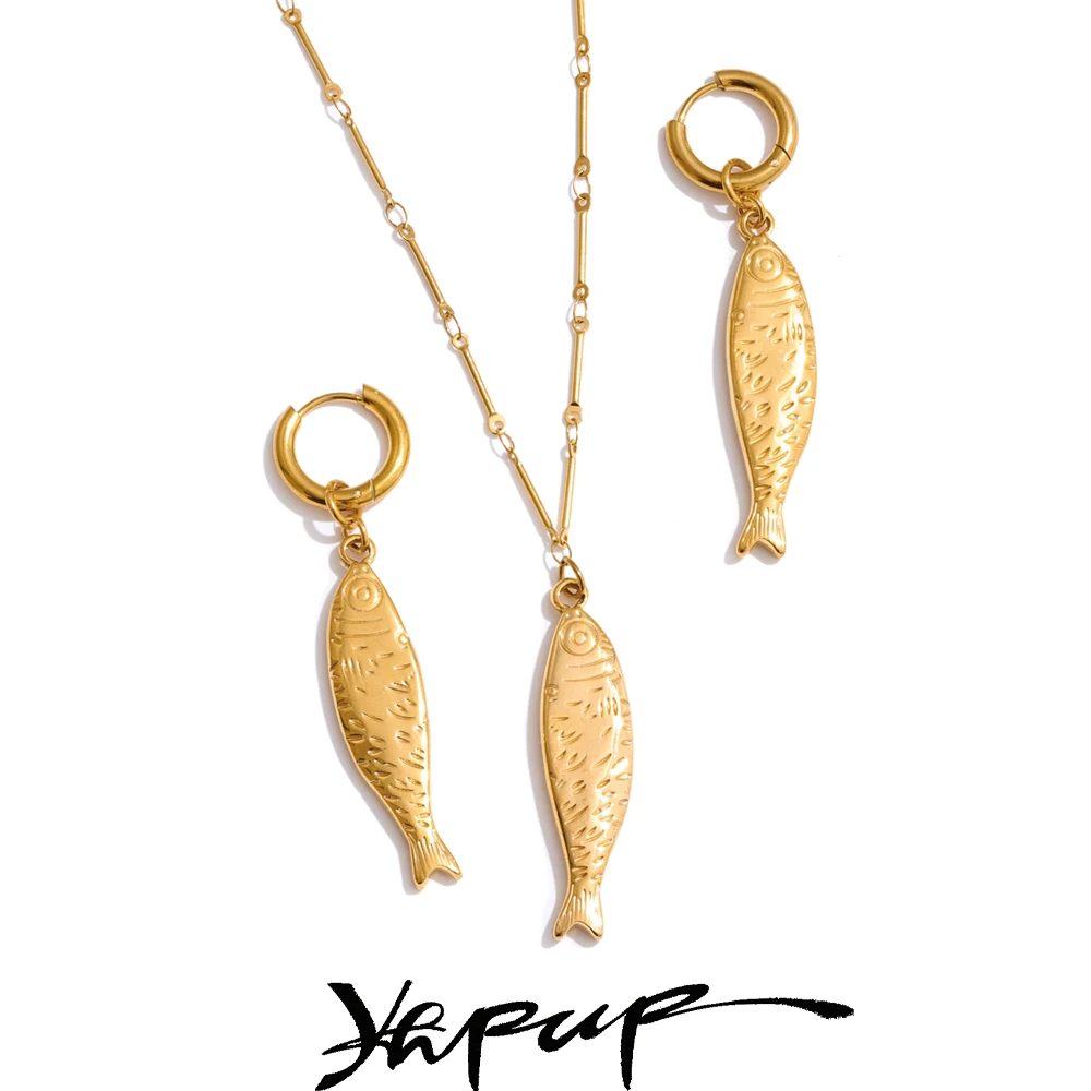 Yhpup Wholesale Ocean Stainless Steel Metal Fish Pendant Necklace Earrings Rust Proof Golden PVD Plated Trendy Fashion Jewelry