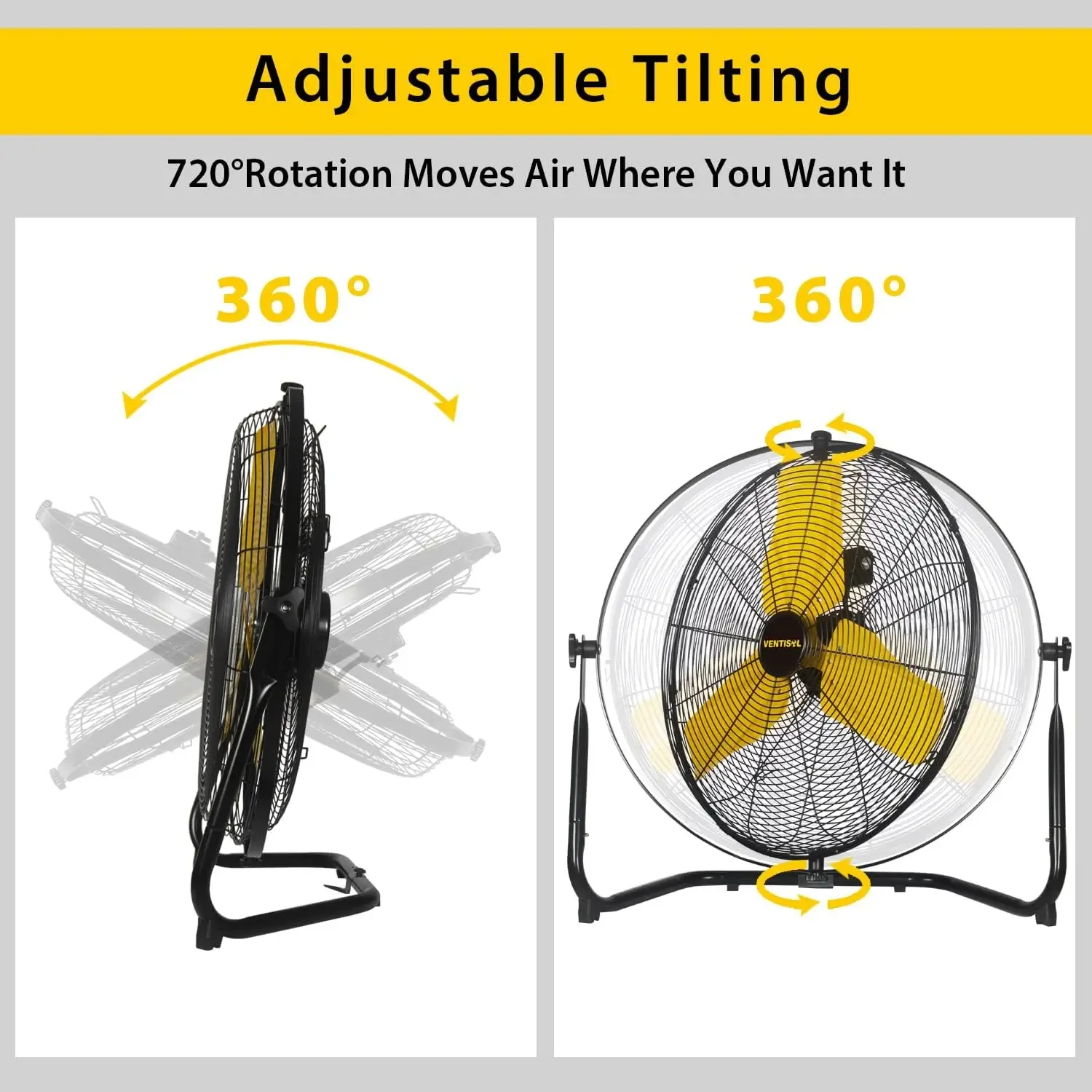 24 Inch Industrial Wall Mount Fan, 720° Tilting Heavy-duty Fan, 6937 CFM 3-Speed High Velocity Heavy-duty Floor Fans for Garage,