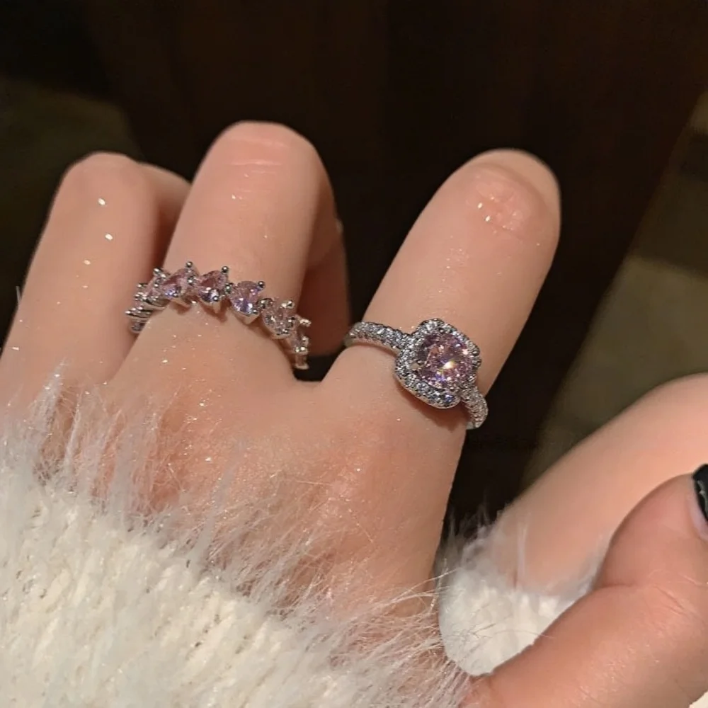 Französischer Retro-Ring mit rosa Imitationskristallen und Zirkonia, silberfarbenes Herz, verstellbarer Damenring, trendiger Schmuck, Accessoires – Detail 2