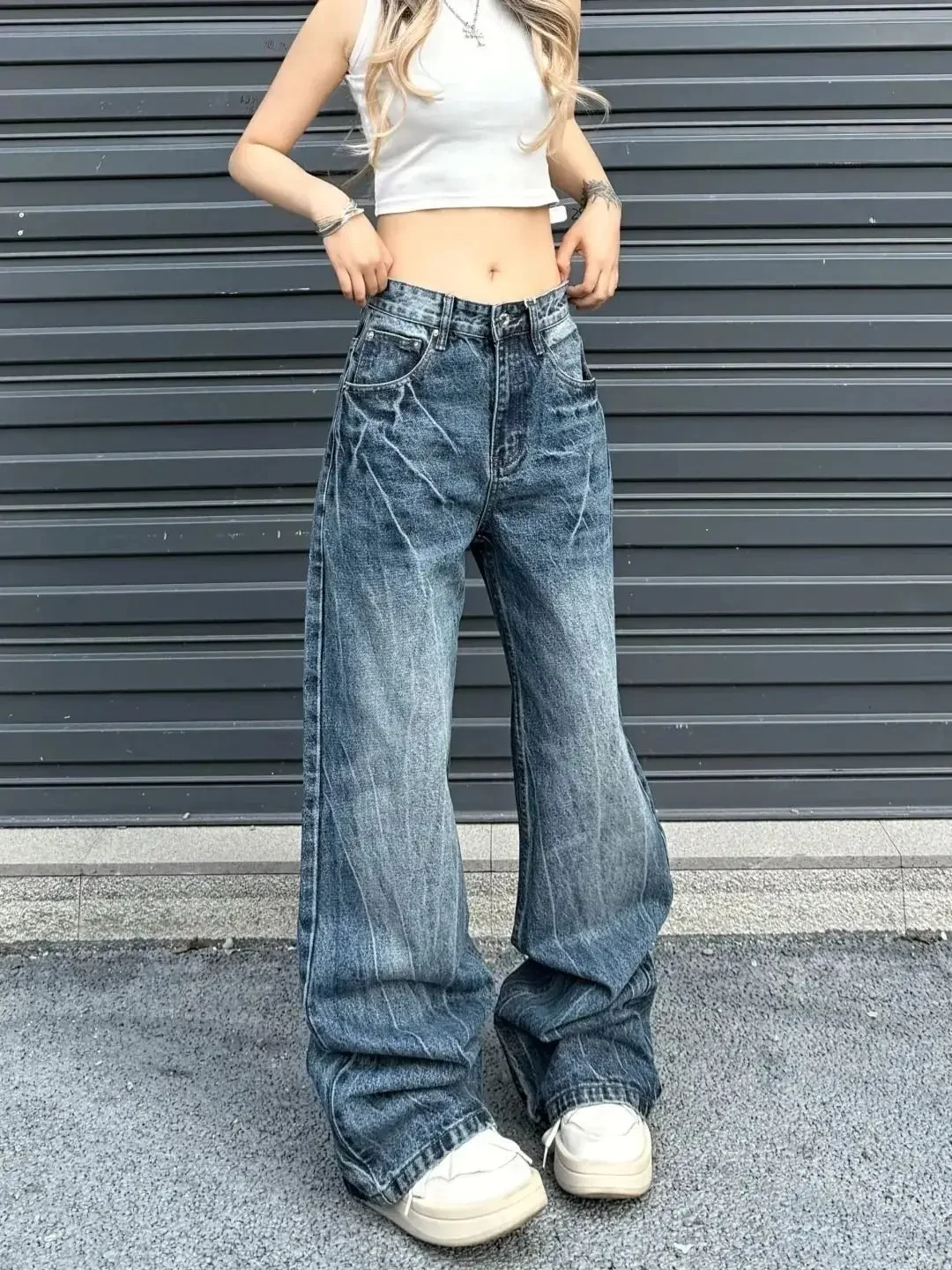 

Women Vintage Blue Wash Tie-Dye Jeans 2000s American Retro Wide Leg Denim Pants Y2k High Waist Streetwear Slim Trousers