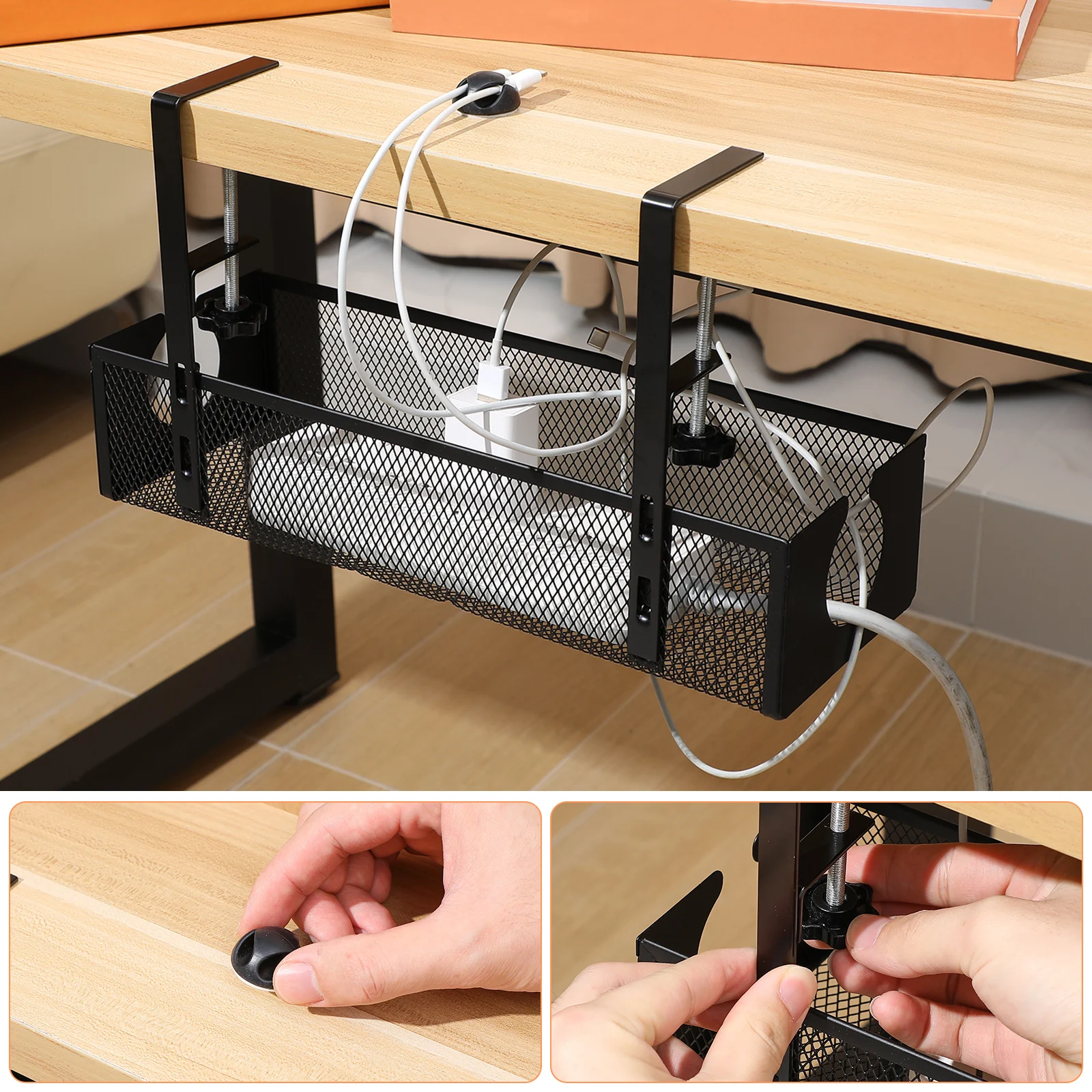 

Cable Management Desk Storage Organizer Tray Wire Rack Black Carbon Steel Desk Cord Organizer Simple Design Space Saving