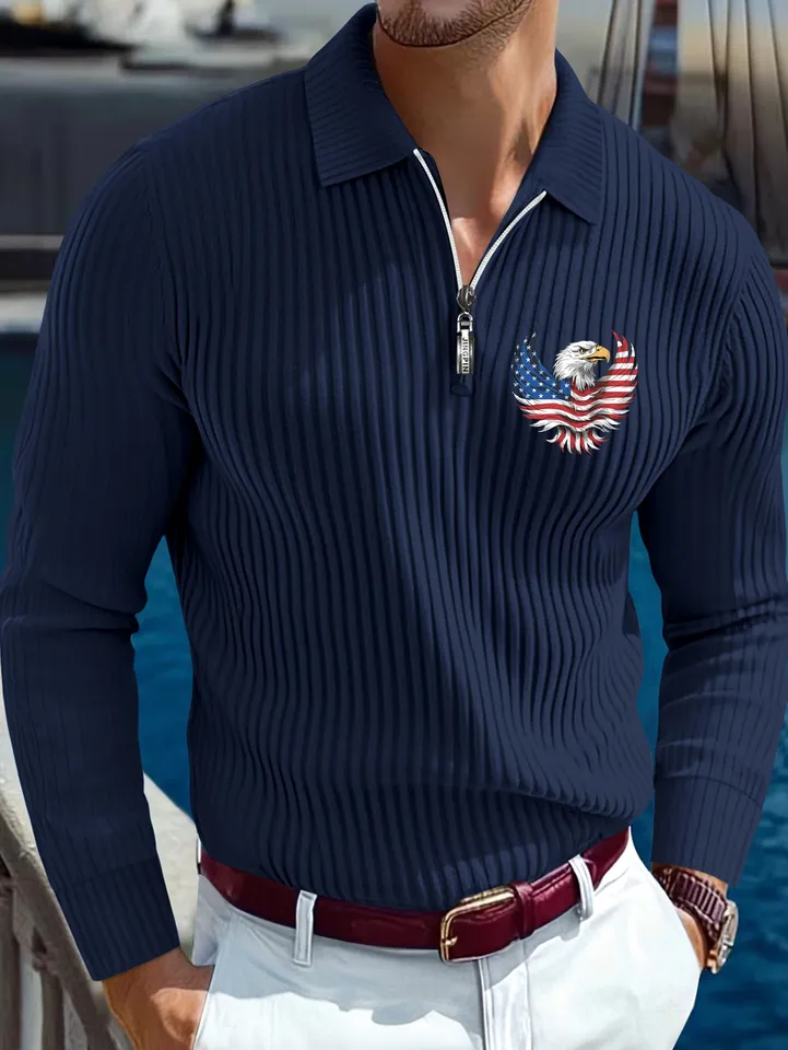Men's Long Sleeve Polo Shirt with Eagle Design