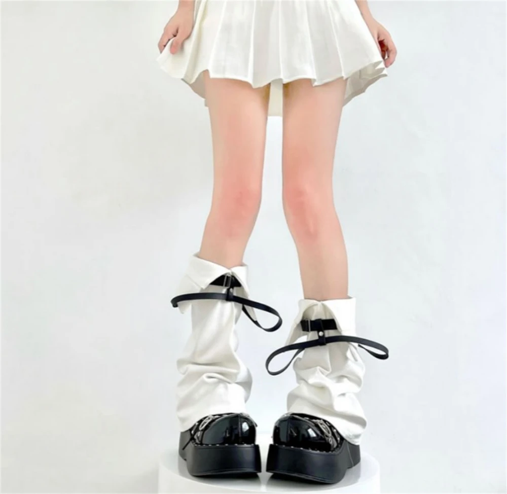 Autumn Winter New Wide-leg Socks Female Belt Buckle Japanese Lolita Stockings Girls Y2K Bandage Leg Warmers Gothic Boots Covers