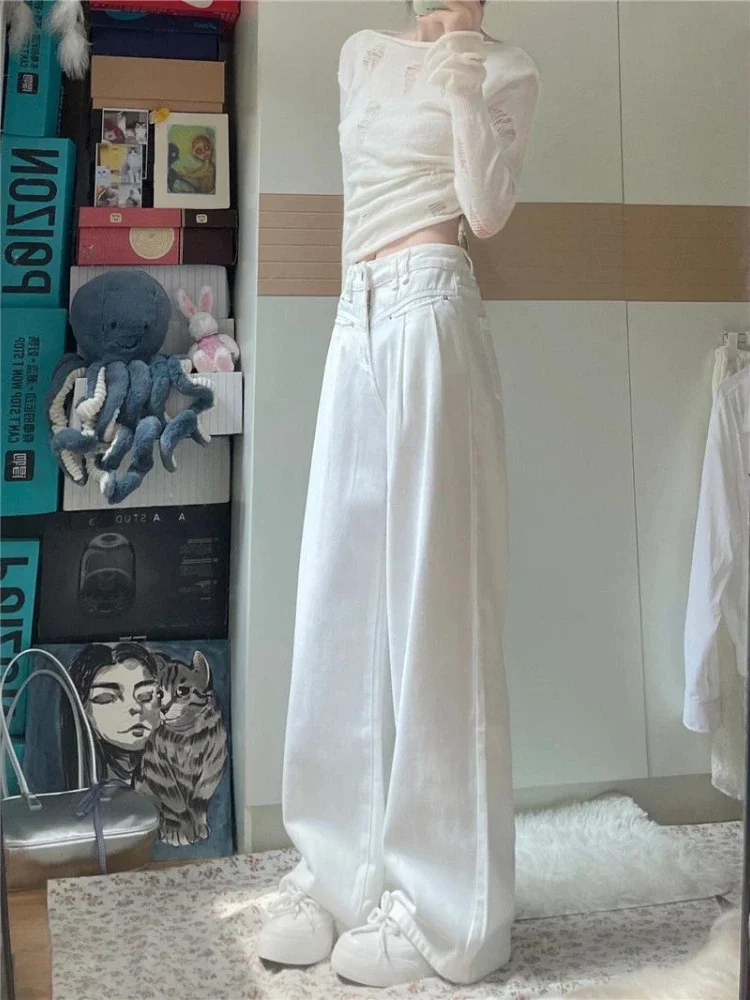 

Джинсы женские свободные американские шикарные белые простые дизайнерские широкие плиссированные прямые брюки с высокой талией стройные универсальные брюки длиной до пола