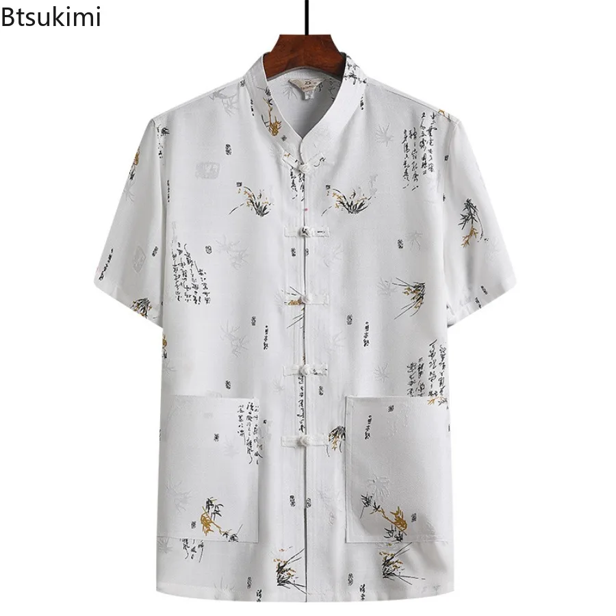 Summer Fashion Printing Tang Suit Men's Chinese Style Stand Collar Short-sleeved Cotton Linen T-shirt Men Traditional Hanfu Tops