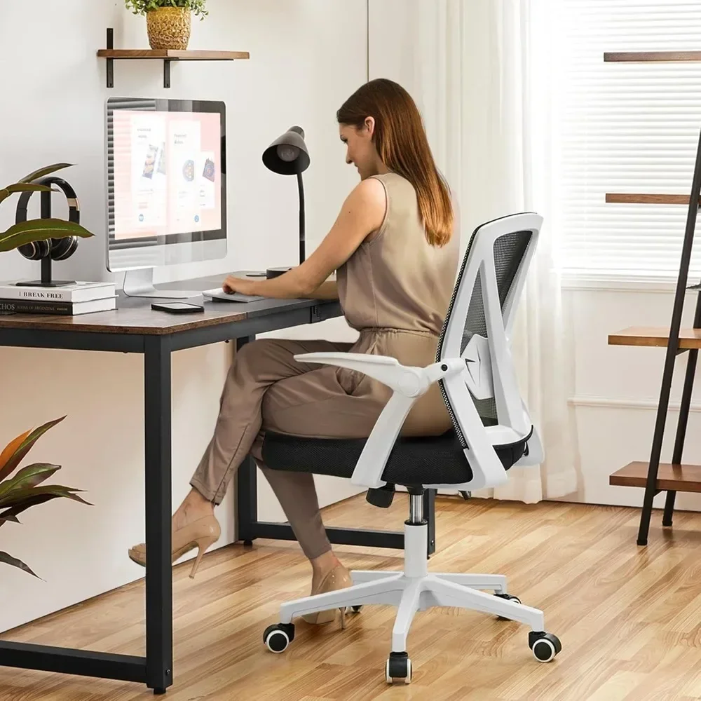 Sedia da ufficio ergonomica Sedia da scrivania in rete con braccioli ribaltabili Sedia girevole regolabile con supporto lombare per ufficio domestico Bianco