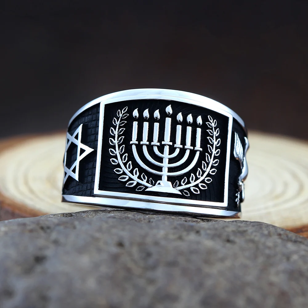 Classical Hebrew Menorah Hanukkah David Star Peace Dove Silver Ring