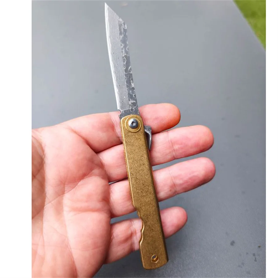 Higonokami-cuchillo plegable de bolsillo con hoja de acero damasco, mango de cobre, supervivencia al aire libre, Camping, pesca, herramientas EDC, Japón, VG10, 1 ud.