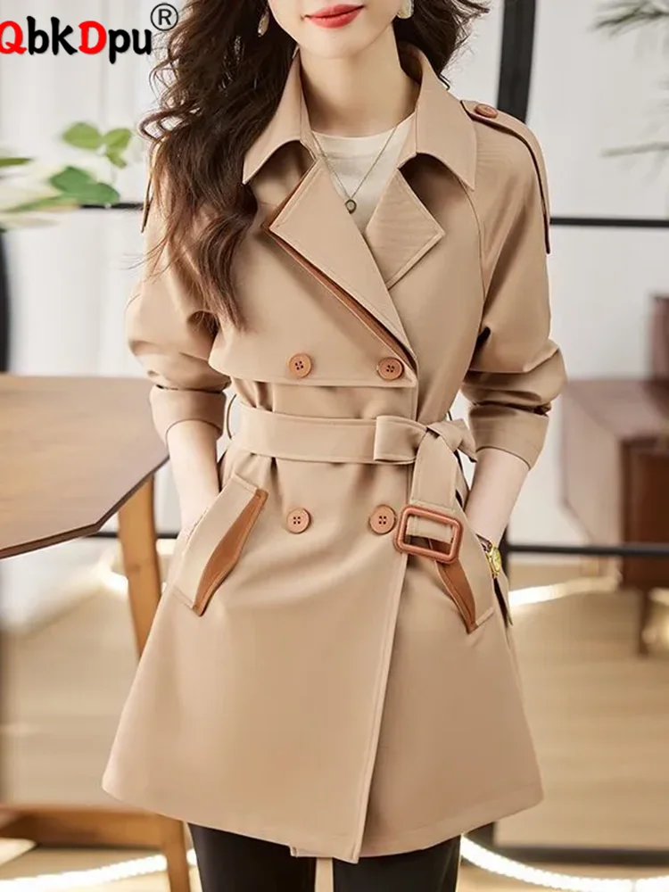 

Women Elegant Lapel Loose Trench Korean Double Breasted Mid-length Gabardina Abrigos Casual Long Sleeve Coats Tops With Belt New