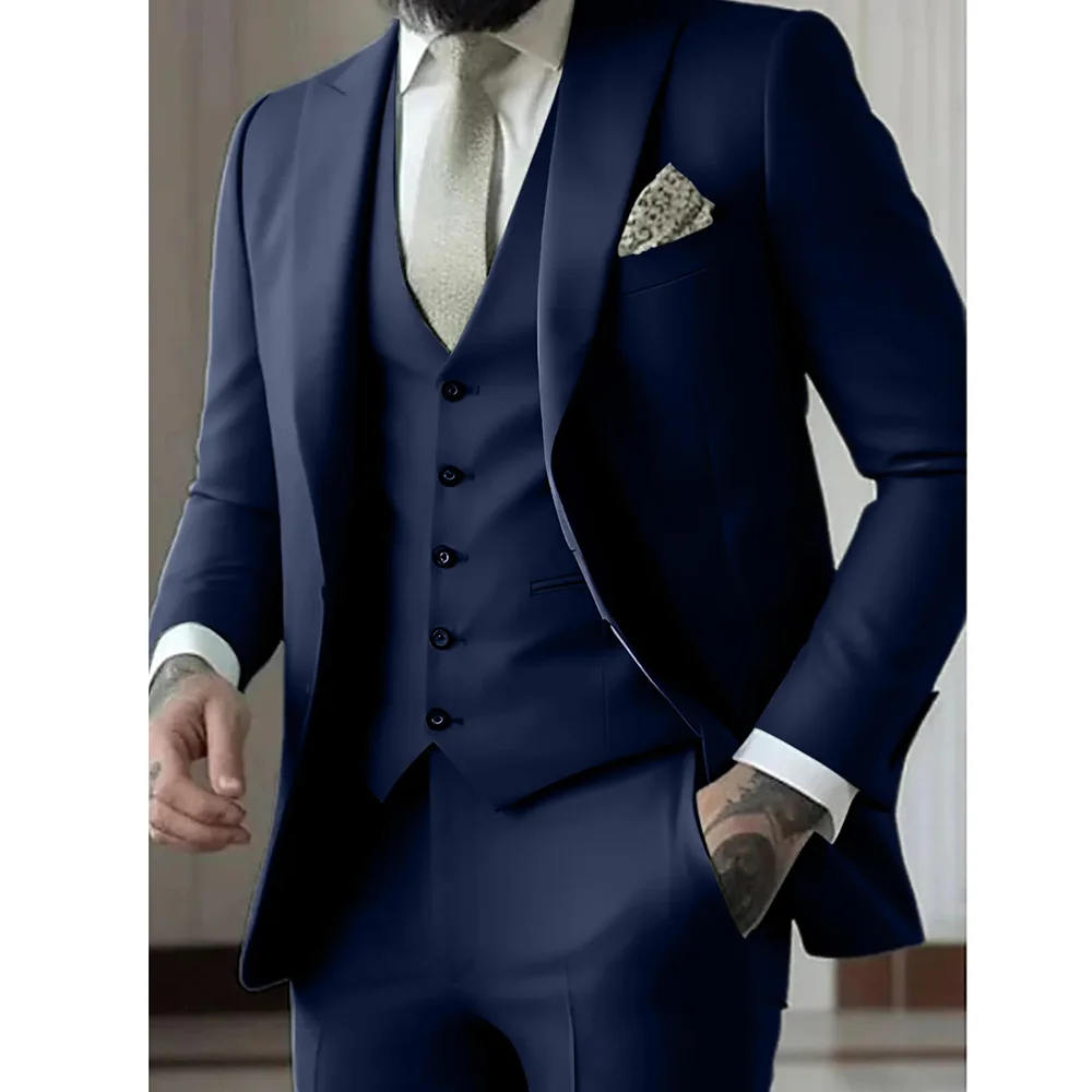 

Fashion Solid Men Suits 3 Piece Chic Peak Lapel Single Breasted Tuxedo Groom Wedding Smart Casual Male Suit (Blazer+Vest+Pants)