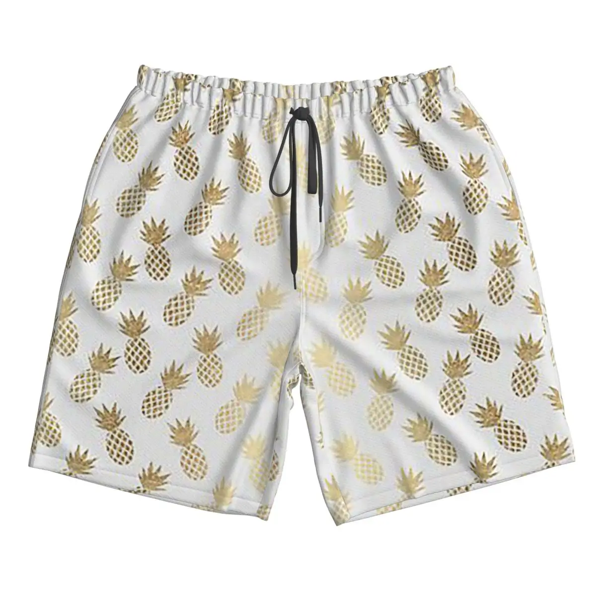 Celana Pendek Pantai Motif Nanas Emas, Celana Renang Kasual Cepat Kering untuk Pria Musim Panas