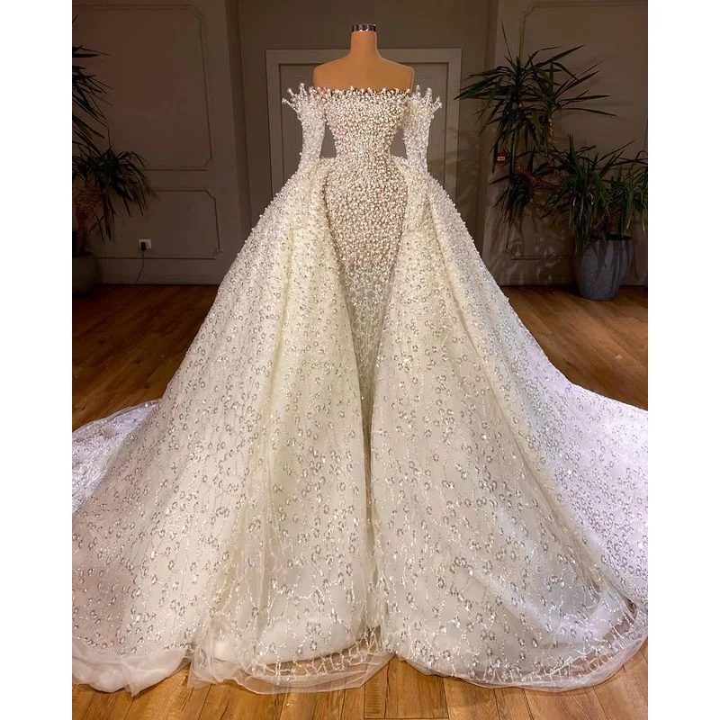 

Customized 2026 White Luxurious Elegant Mermaid Wedding Dress With Strapless Long Sleeved Pearl Detachable Tail Vestido De Novia