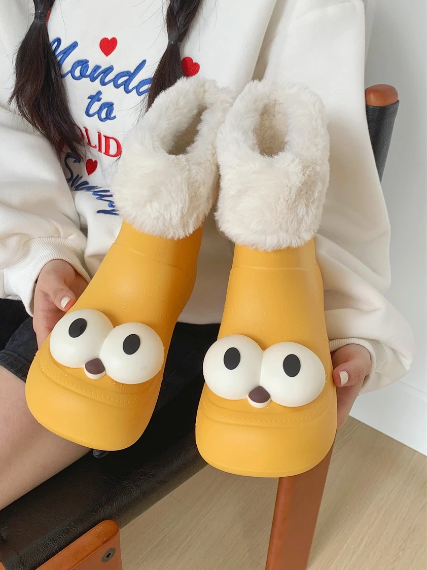 Boys And Girls Plush Cotton Waterproof Boots Fashionable And Funny Big Eyed Children\'s Winter EVA Parent-child Snow Boots