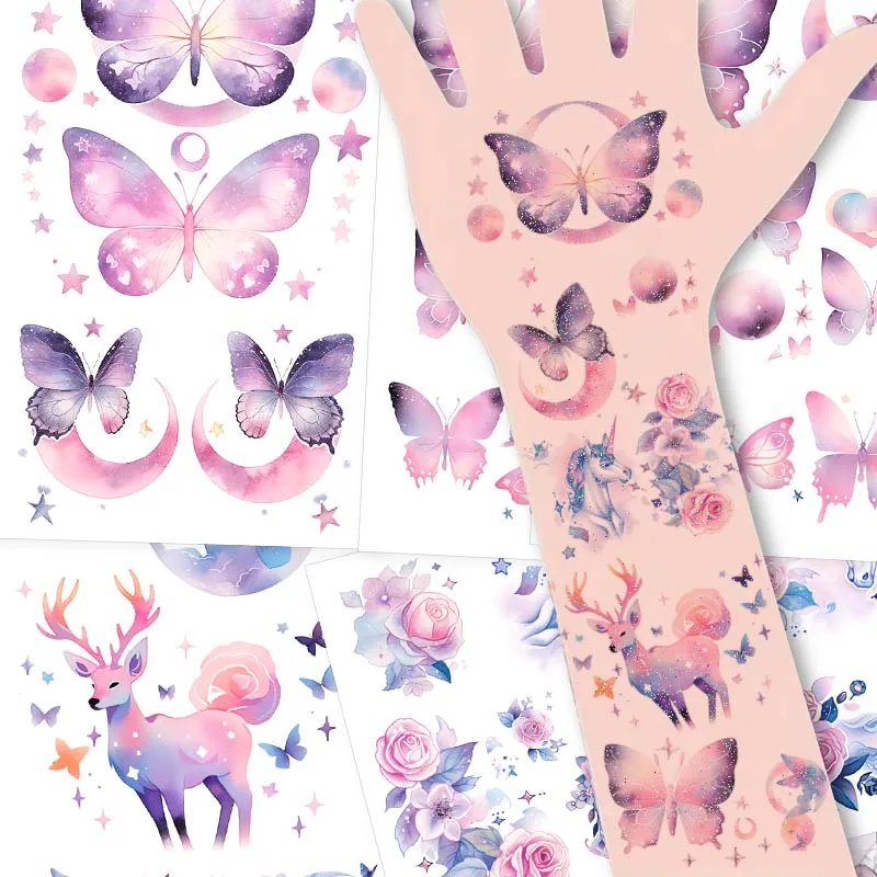 4pcs Glitter Butterfly, Deer, and Unicorn Waterproof Temporary Tattoo, Long-Lasting Waterproof, Realistic  Fake Tattoo