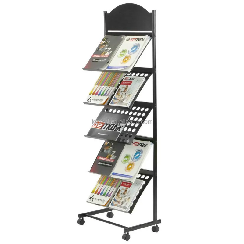 custom.Custom Durable Black Powder Coating Metal Book Magazine Rack Magazine Display Stand With Wheel